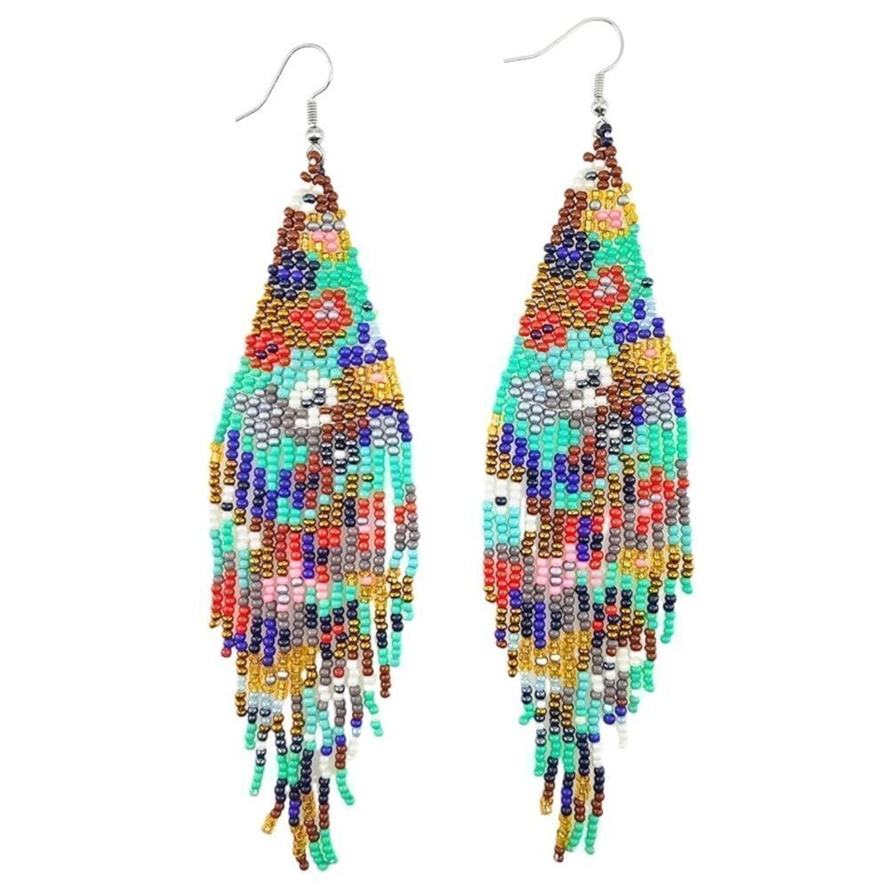 Flower Bohemian Seed Bead Tassel Dangling Statement French Wire Hook Earrings